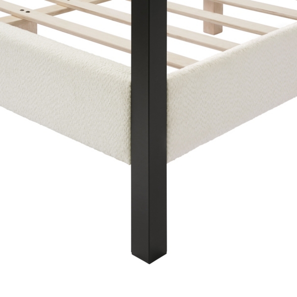 White Boucle Upholstered Black Canopy Queen Bed