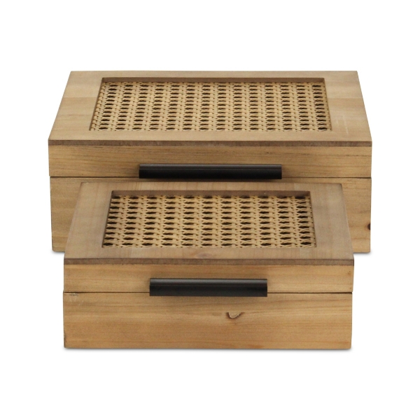 Rattan and Wood Square Boxes, Set of 2