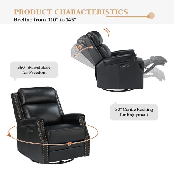 Johanna Black Leather Swivel Power Recliner