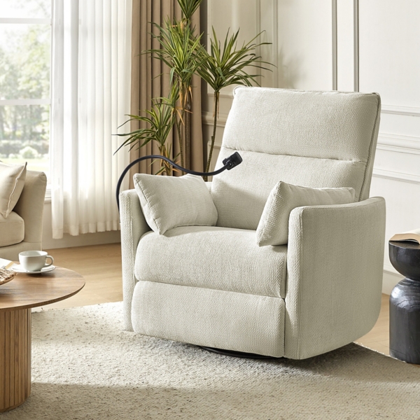 Ivory Upholstered Archie Swivel Power Recliner