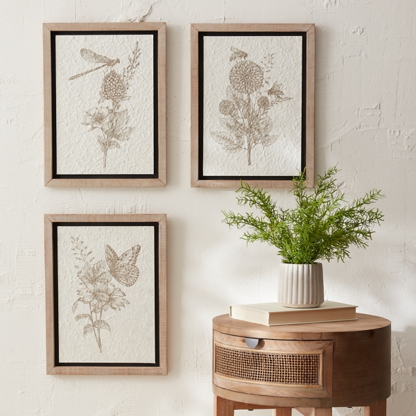 Neutral Floral Insects Framed Art Prints, Set of 3