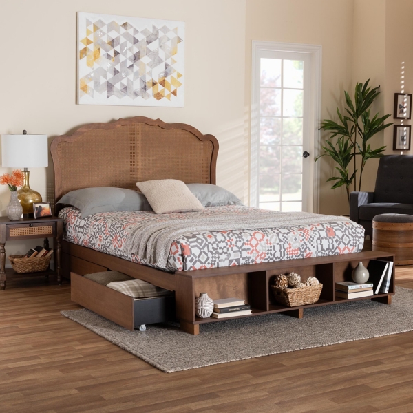 Walnut & Rattan Mallory Queen Bed with Storage
