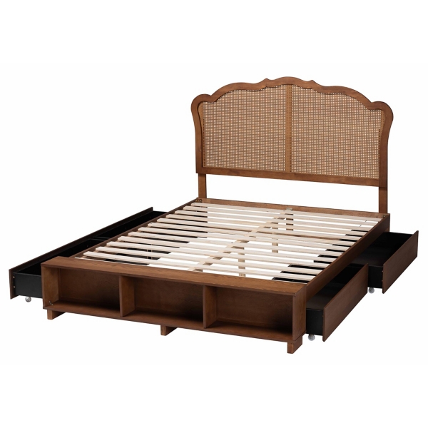 Walnut & Rattan Mallory Queen Bed with Storage