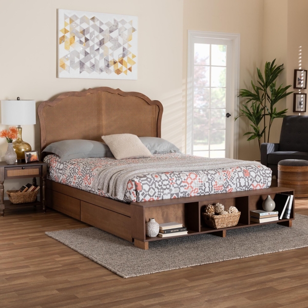 Walnut & Rattan Mallory Queen Bed with Storage