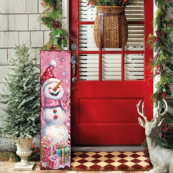 Pink Santa and Snowman Reversible Porch Board