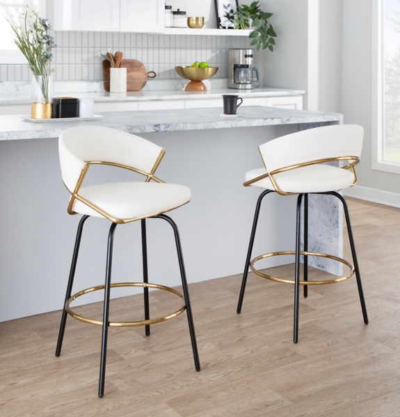 White Faux Leather Swivel Counter Stools, Set of 2