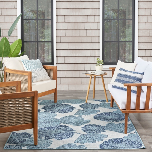 Blue Floral Garden Oasis Outdoor Rug