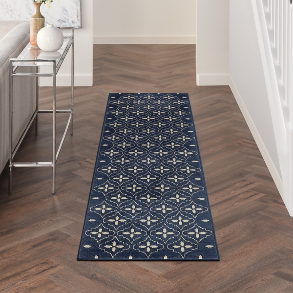 Navy and Ivory Quatrefoil Indoor/Outdoor Runner
