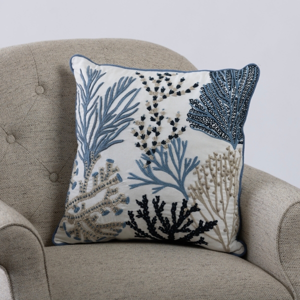 Blue Embroidered Coral Pillow