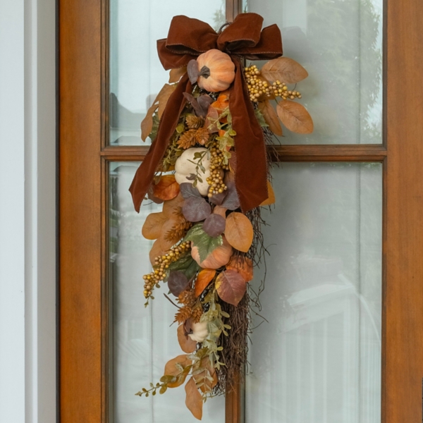 Mixed Pumpkin Teardrop Swag with Velvet Bow