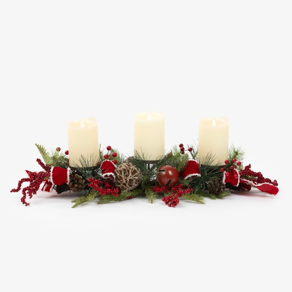 Red Berries & Bells White Trim Ribbon Centerpiece