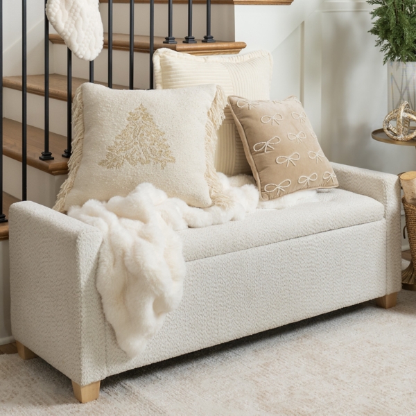 Cream Boucle Tufted Storage Bench with Armrests