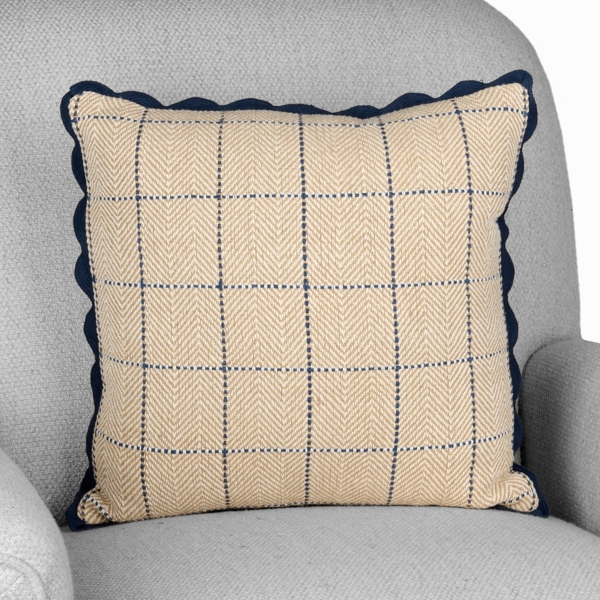 Navy and Tan Plaid Scalloped Pillow