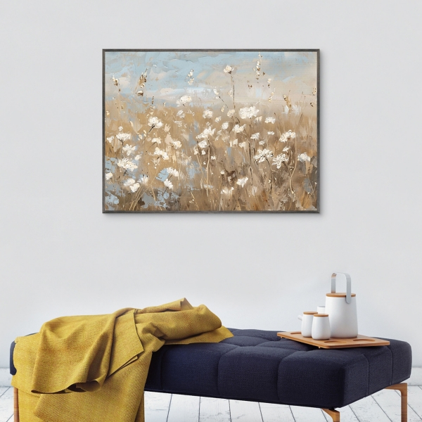 White Flower Field Framed Canvas Art Print