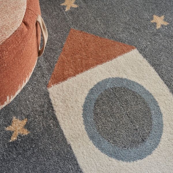Gray Rocketship Kids Round Washable Area Rug, 4x4