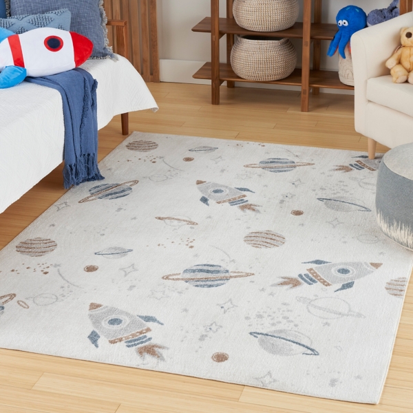 Ivory Rocketship Kids Washable Area Rug