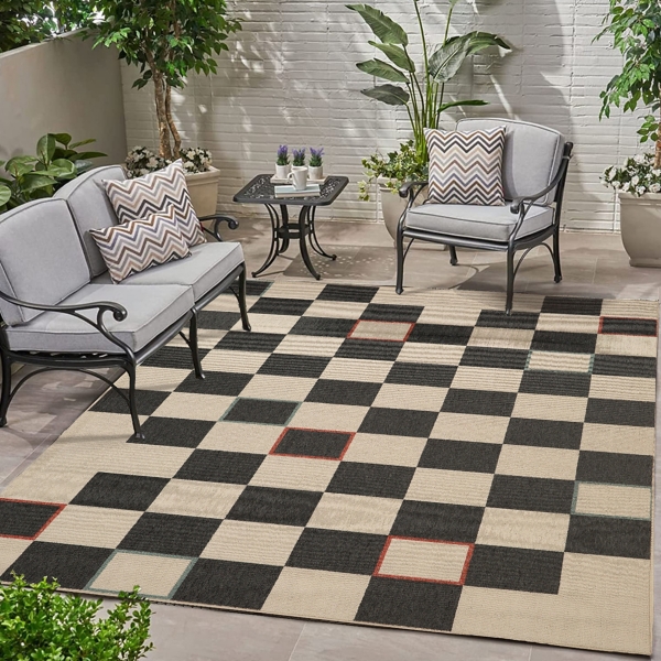 Black and Ivory Checkered Indoor/Outdoor Rug