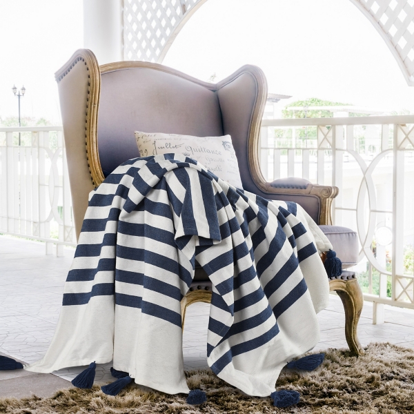 Navy and White Striped Harbor Throw Blanket