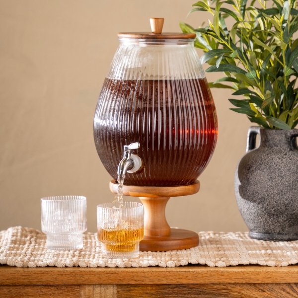 Acacia Wood and Ribbed Glass Drink Dispenser