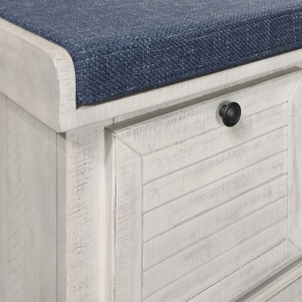 Gray Distressed Storage Bench with Navy Cushion