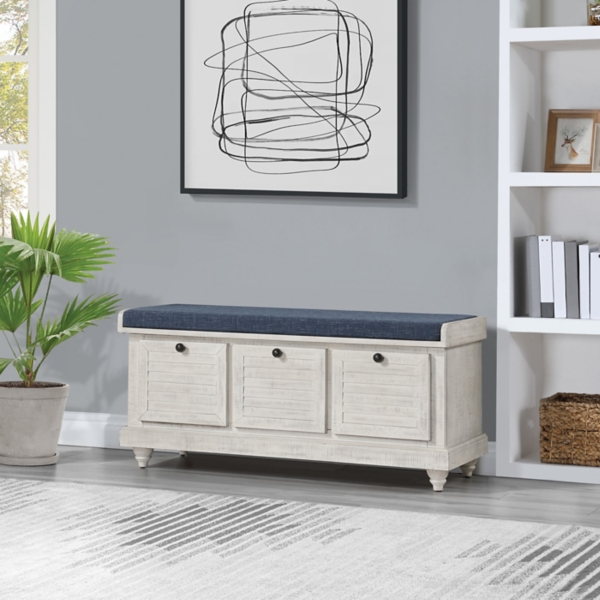 Gray Distressed Storage Bench with Navy Cushion