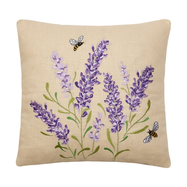 Purple Lavender with Bees Embroidered Pillow