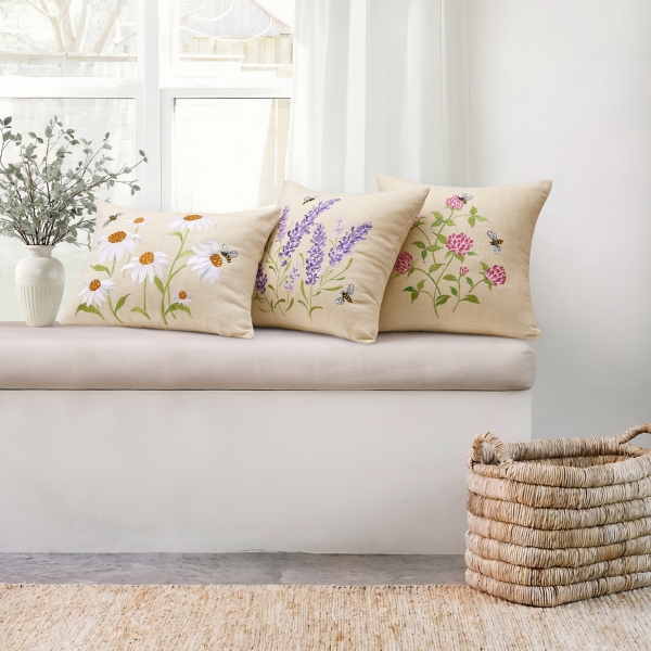 Embroidered Pink Clovers and Bees Pillow