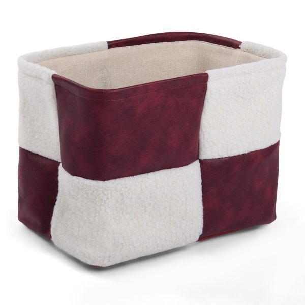 Burgundy Faux Leather Checker Shearling Bin