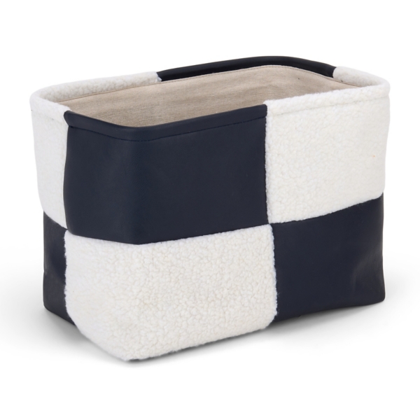 Navy Faux Leather Checker Shearling Bin