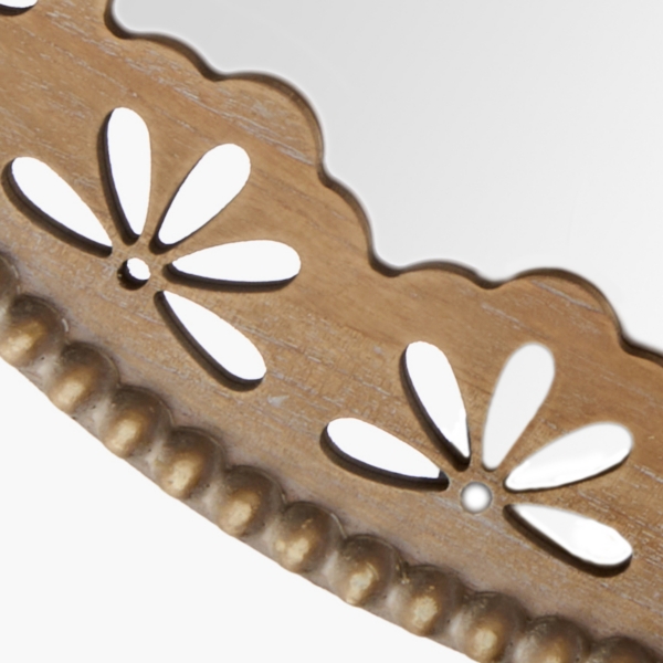 Round Natural Wood Carved Floral Wall Mirror