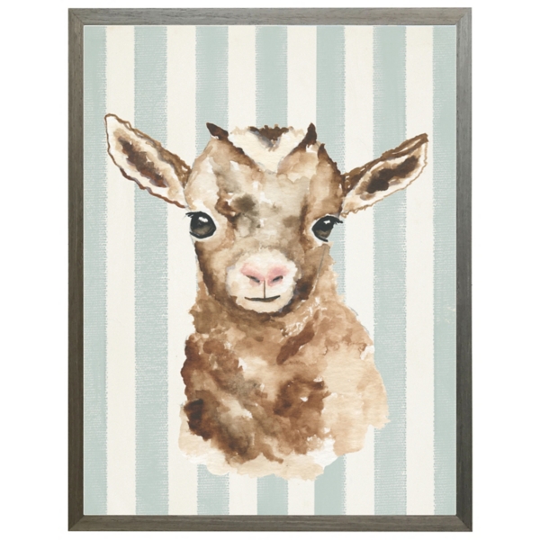 Goat on Blue Stripes Kids Framed Art Print, Brown/Ivory, Small, Wood | Kirkland's Home