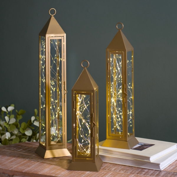 Pre-Lit Gold Metal Twinkle Lights Lantern, 15 in.
