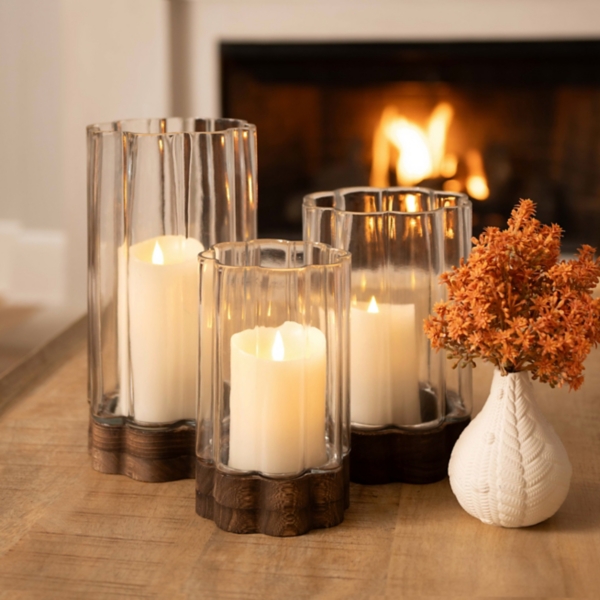 Scalloped Glass Hurricane with Wood Base