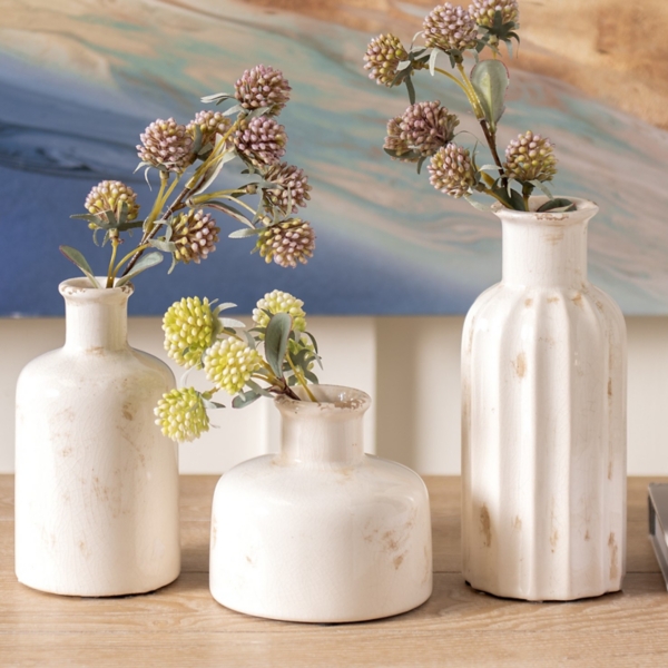Distressed Cream Ceramic Vases, Set of 3