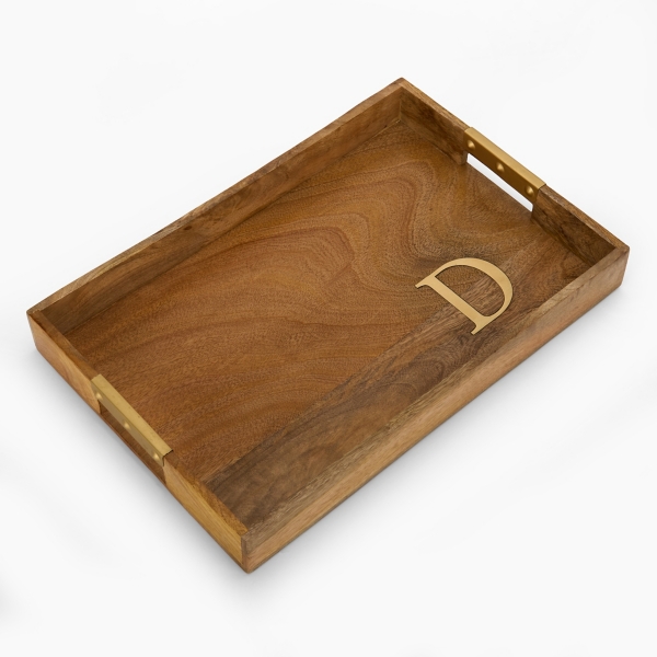 Gold Monogram D Rectangular Wood Tray