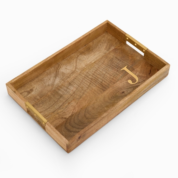 Gold Monogram J Rectangular Wood Tray