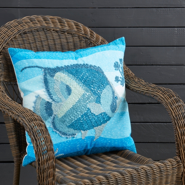 Blue Embroidered Fish Outdoor Pillow