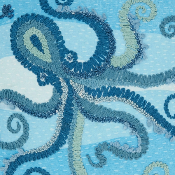Blue Embroidered Octopus Outdoor Pillow