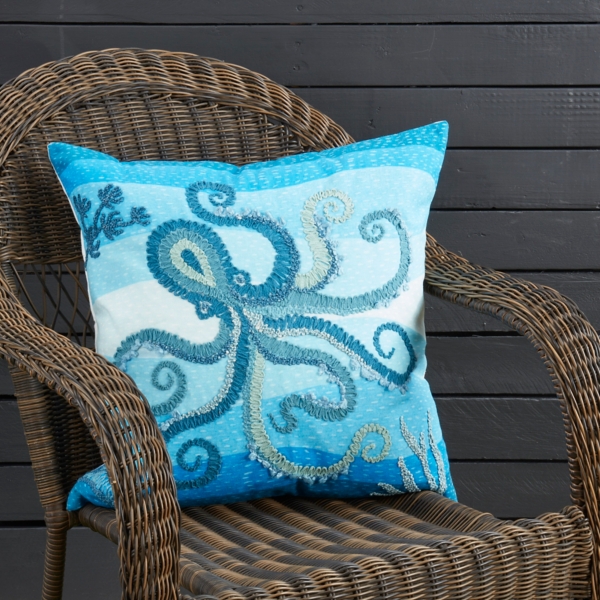 Blue Embroidered Octopus Outdoor Pillow