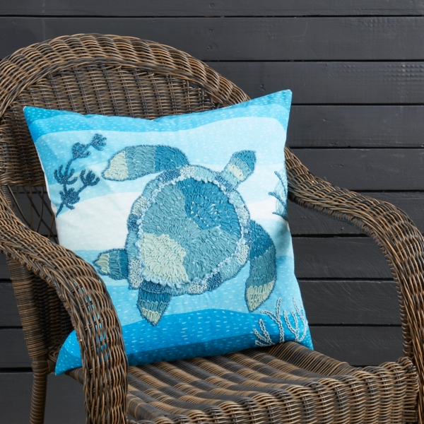 Blue Embroidered Sea Turtle Outdoor Pillow