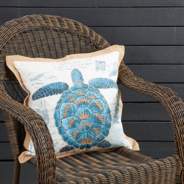 Blue Coastal Turtle Outdoor Pillow