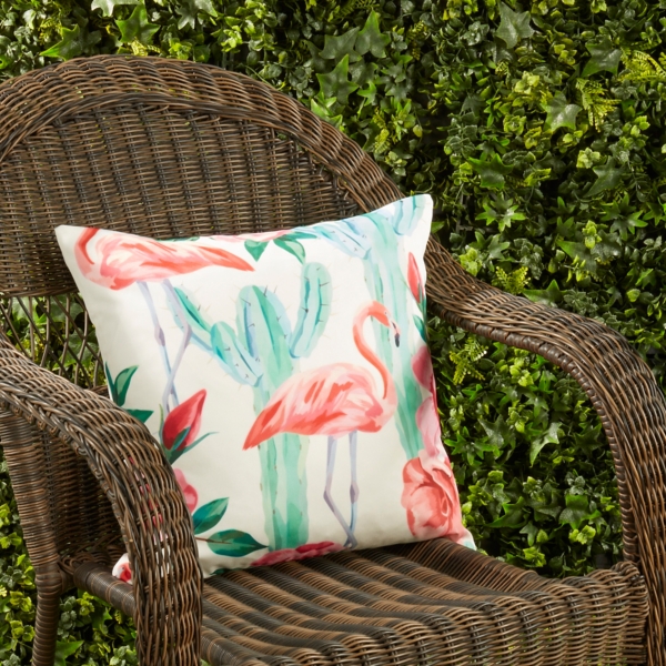 Vibrant Flamingo and Cactus Outdoor Pillow