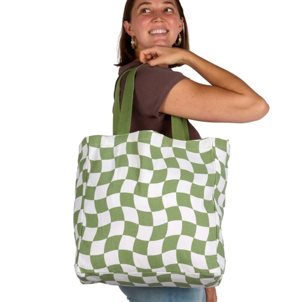 Green Wavy Checkered Print Canvas Tote Bag Kirklands Home