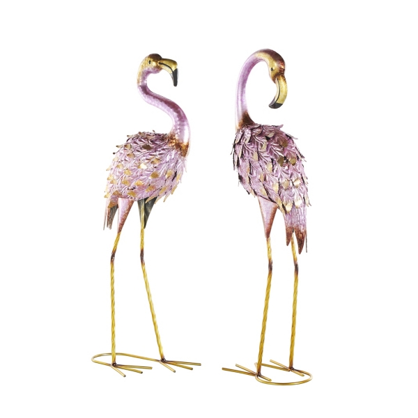 Pink and Gold Iron Flamingo Statues, Set of 2