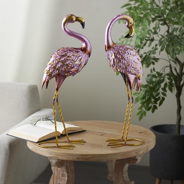 Pink and Gold Iron Flamingo Statues, Set of 2