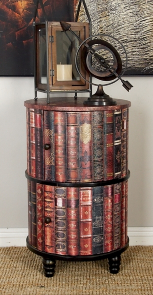 Antique Book Faux Leather Round Accent Table