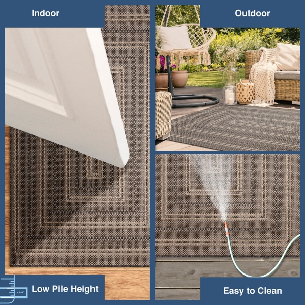 Gray Framed Stripe Indoor/Outdoor Area Rug