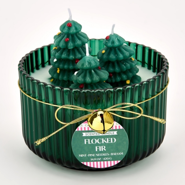 Flocked Fir Shaped 3D Triple Wick Jar Candle