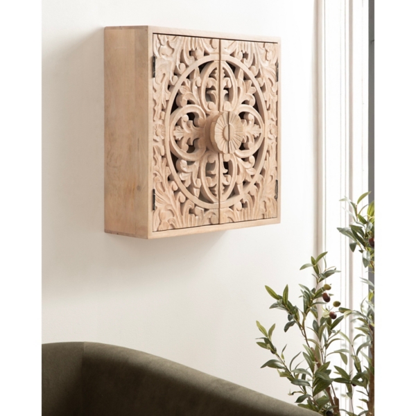 Natural Floral Carved Wood Wall Cabinet