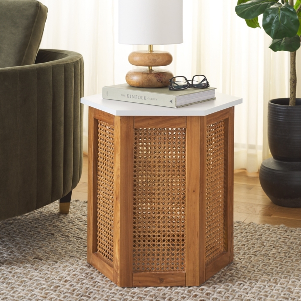 Brown Rattan and Faux Marble Sophie Accent Table